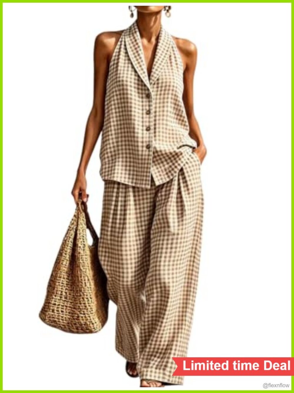 Gingham 2 Piece Set Halter Button Front Tank & Barrel Leg Pant Cotton Loungewear